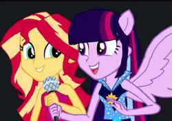 Size: 685x482 | Tagged: safe, artist:sunriseshimmer1275, derpibooru import, sunset shimmer, twilight sparkle, human, equestria girls, rainbow rocks, black background, duo, duo female, female, image, jpeg, looking at each other, looking at someone, microphone, simple background, welcome to the show