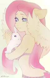 Size: 758x1175 | Tagged: safe, artist:coffune, artist:elronya, artist:eltaile, derpibooru import, fluttershy, pegasus, pony, rabbit, angel, animal, duo, equine, female, holding, image, jpeg, looking at you, mare, simple background