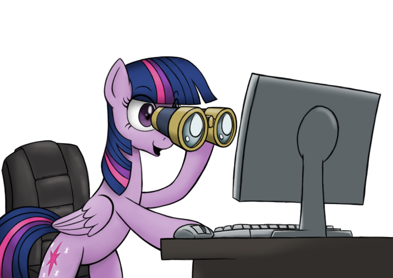 Size: 1200x850 | Tagged: safe, artist:anearbyanimal, edit, twilight sparkle, pegasus, pony, binoculars, chair, computer, female, image, mare, meme, pegasus twilight sparkle, png, ponified meme, race swap, reaction image, simple background, solo, transparent background