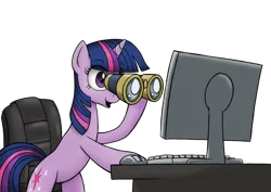 Size: 1200x850 | Tagged: safe, artist:anearbyanimal, edit, twilight sparkle, pony, unicorn, binoculars, chair, computer, female, image, mare, meme, png, ponified meme, reaction image, simple background, solo, transparent background, unicorn twilight, wingless, wingless edit