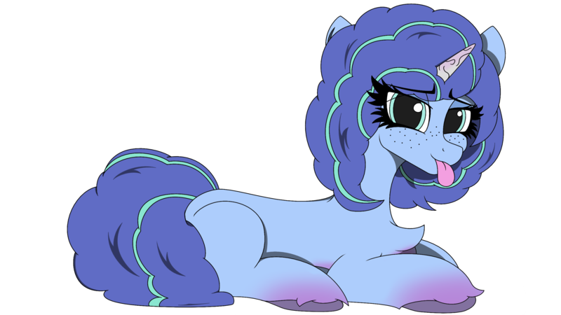 Size: 3840x2160 | Tagged: safe, artist:straighttothepointstudio, derpibooru import, pony, unicorn, g5, my little pony: make your mark, :p, curly hair, curly mane, digital art, female, freckles, happy, image, looking at you, lying down, mare, misty brightdawn, png, simple background, solo, tongue out, transparent background, unshorn fetlocks