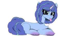 Size: 3840x2160 | Tagged: safe, artist:straighttothepointstudio, derpibooru import, pony, unicorn, g5, my little pony: make your mark, :p, curly hair, curly mane, digital art, female, freckles, happy, image, looking at you, lying down, mare, misty brightdawn, png, simple background, solo, tongue out, transparent background, unshorn fetlocks