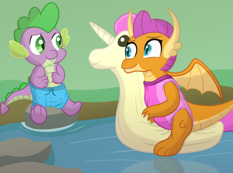 Size: 3000x2229 | Tagged: safe, artist:sweetielover, derpibooru import, smolder, spike, dragon, clothes, cute, dragoness, duo, female, float, image, lake, male, png, reflection, rock, smolderbetes, spikabetes, spread wings, swimsuit, water, wings