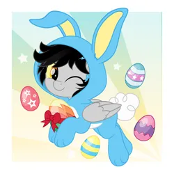 Size: 5000x5000 | Tagged: safe, artist:jhayarr23, derpibooru import, oc, oc:lightning dee, unofficial characters only, pegasus, pony, rabbit, animal, clothes, colored sclera, commission, costume, easter egg, fangs, female, folded wings, image, mare, one eye closed, png, solo, wings, wink, ych result