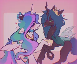Size: 1614x1334 | Tagged: safe, artist:saberkitty666, derpibooru import, princess celestia, queen chrysalis, alicorn, changeling, crown, female, horn, image, jewelry, jpeg, lesbian, looking at each other, looking at someone, regalia, wings