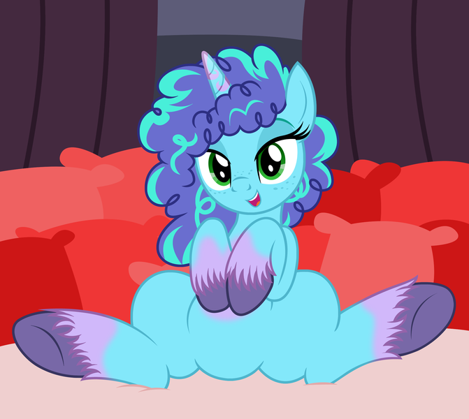 Size: 2092x1872 | Tagged: safe, artist:badumsquish, derpibooru import, pony, unicorn, g5, spoiler:g5, bed, bedroom eyes, blanket, bust, curly mane, curtains, derpibooru exclusive, featureless crotch, female, freckles, g4, g5 to g4, generation leap, happy, image, looking at you, mare, misty brightdawn, pillow, png, sitting, smiling, solo, spread legs, spreading, two toned coat, unshorn fetlocks, what are we gonna do on the bed?
