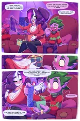 Size: 1039x1575 | Tagged: suggestive, artist:bigdad, derpibooru import, pinkie pie, rarity, spike, twilight sparkle, human, comic:12 packs of hearth's warming, big breasts, blushing, breasts, christmas, christmas sweater, cleavage, clothes, comic, condom, condoms, female, hearth's warming, holiday, humanized, image, jpeg, male, shipping, sparity, straight, sweater