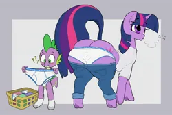 Size: 2784x1874 | Tagged: suggestive, artist:parumpi, derpibooru import, spike, twilight sparkle, pony, unicorn, blushing, butt, clothes, denim, exclamation point, image, jeans, jpeg, large butt, open mouth, pants, plot, question mark, shirt, simple background, socks, twibutt, underwear, unicorn twilight, white background, wide eyes