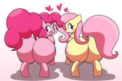 Size: 3320x2204 | Tagged: suggestive, artist:gravtitty, derpibooru import, fluttershy, pinkie pie, earth pony, pegasus, balloonbutt, blushing, butt, disproportional anatomy, duo, duo female, female, females only, flutterbutt, heart, huge butt, image, large butt, looking at you, looking back, open mouth, plot, png, presenting, simple background, smiling, tongue out, white background, wide hips