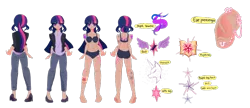 Size: 800x345 | Tagged: safe, artist:windywendy29, derpibooru import, twilight sparkle, human, alternate hairstyle, barefoot, belly button, black underwear, blazer, bra, clothes, coat, commission, denim, ear piercing, earring, feet, female, flats, humanized, image, jeans, jewelry, panties, pants, piercing, png, reference sheet, shirt, shoes, simple background, solo, tattoo, transparent background, underwear