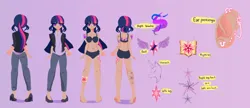 Size: 800x345 | Tagged: safe, alternate version, artist:windywendy29, derpibooru import, twilight sparkle, human, alternate hairstyle, barefoot, belly button, black underwear, blazer, bra, clothes, coat, commission, denim, ear piercing, earring, feet, female, flats, humanized, image, jeans, jewelry, panties, pants, piercing, png, purple background, reference sheet, shirt, shoes, simple background, solo, tattoo, underwear