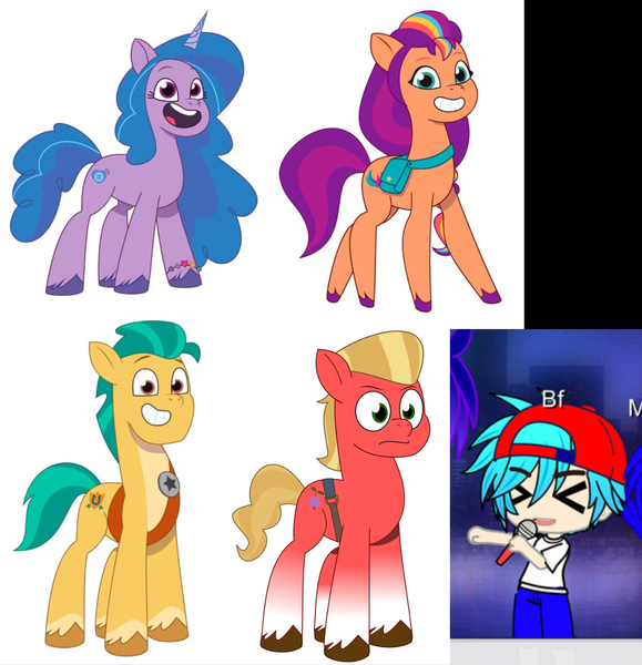 Size: 1324x1372 | Tagged: safe, derpibooru import, hitch trailblazer, izzy moonbow, sprout cloverleaf, sunny starscout, alicorn, earth pony, pony, unicorn, my little pony: tell your tale, boyfriend (friday night funkin), friday night funkin', g5, image, jpeg, triple trouble, youtuber:androsonic2