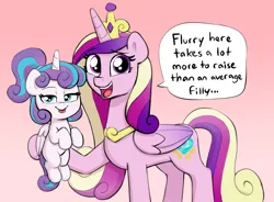 Size: 2877x2121 | Tagged: suggestive, artist:heretichesh, derpibooru import, princess cadance, princess flurry heart, alicorn, pony, :p, blushing, crown, dialogue, female, filly, foal, image, implications, implied foalcon, implied underage, jewelry, mare, mother and child, mother and daughter, png, ponytail, regalia, smug, sultry, text, tongue out