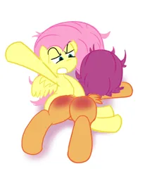 Size: 600x728 | Tagged: artist needed, safe, derpibooru import, fluttershy, scootaloo, pegasus, pony, /mlp/, 4chan, angry, discipline, duo, image, over the knee, png, punishment, simple background, spank mark, spanking, white background