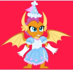 Size: 720x696 | Tagged: safe, alternate version, artist:darlycatmake, derpibooru import, smolder, dragon, angry, clothes, defending, dragon wings, dragoness, dress, dressup, female, froufrou glittery lacy outfit, glare, gloves, gritted teeth, hat, hennin, image, jpeg, long gloves, mama bear, princess, princess smolder, protecting, red background, simple background, spread wings, squint, teeth, wings