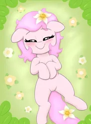 Size: 1341x1833 | Tagged: safe, artist:heretichesh, derpibooru import, oc, oc:kayla, unofficial characters only, earth pony, pony, blushing, cute, eyes closed, female, filly, floppy ears, flower, flower in hair, foal, image, jpeg, lying down, ocbetes, on back, overhead view, smiling, solo