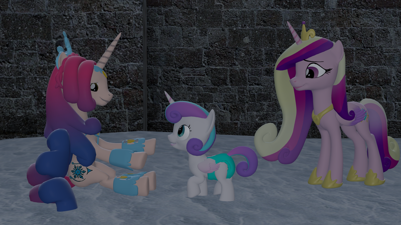 Size: 1920x1080 | Tagged: safe, artist:ponygamer2020, artist:ponygamersfm, derpibooru import, idw, princess amore, princess cadance, princess flurry heart, alicorn, pony, 3d, crown, crystal empire, diaper, family, female, grandmother, grandmother and grandchild, grandmother and granddaughter, happy, image, jewelry, meeting, mother and child, mother and daughter, png, regalia, smiling, source filmmaker, trio, trio female