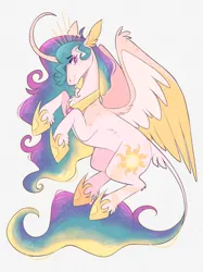 Size: 1280x1707 | Tagged: safe, artist:wanderingpegasus, derpibooru import, princess celestia, alicorn, pony, alternate hairstyle, blue background, chest fluff, curved horn, cute, cutelestia, female, freckles, hoof shoes, horn, image, jewelry, jpeg, leonine tail, mare, markings, regalia, simple background, solo, tail