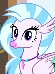 Size: 545x739 | Tagged: safe, derpibooru import, screencap, silverstream, classical hippogriff, hippogriff, a matter of principals, cropped, cute, diastreamies, image, jewelry, looking at you, necklace, png, solo