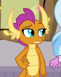 Size: 547x686 | Tagged: safe, derpibooru import, screencap, silverstream, smolder, classical hippogriff, dragon, hippogriff, the hearth's warming club, cropped, dragoness, female, hand on hip, image, offscreen character, png, smolder is not amused, unamused
