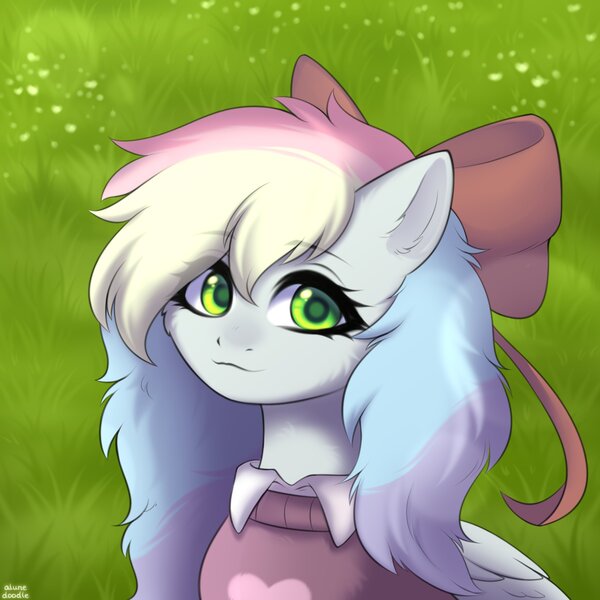 Size: 2399x2399 | Tagged: safe, artist:alunedoodle, artist:alunedoodles, derpibooru import, oc, oc:blazey sketch, unofficial characters only, pegasus, bow, bust, clothes, commission, grass, green eyes, grey fur, hair bow, image, jpeg, long hair, looking at you, multicolored hair, pegasus oc, portrait, shading, small wings, smiling, smiling at you, solo, sweater, uwu, wings, ych result