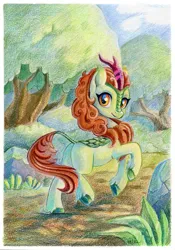Size: 841x1200 | Tagged: safe, artist:maytee, derpibooru import, autumn blaze, kirin, awwtumn blaze, butt, cute, forest, image, looking at you, looking back, looking back at you, path, plot, png, smiling, solo, traditional art, tree