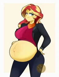 Size: 2000x2600 | Tagged: safe, artist:diamondgreenanimat0, derpibooru import, sunset shimmer, comic:inner thoughts, equestria girls, belly, belly button, big belly, breasts, busty sunset shimmer, clothes, female, hand on hip, image, looking up, outie belly button, png, pregnant, red hair, redraw, simple background, sunset preggers, yellow hair