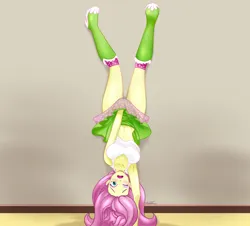 Size: 2556x2313 | Tagged: suggestive, artist:xtaroth, derpibooru import, fluttershy, equestria girls, belly button, blushing, boots, breasts, busty fluttershy, clothes, covering, embarrassed, eyeshadow, handstand, high res, image, jpeg, makeup, midriff, shoes, simple background, skirt, upside down, upskirt denied, wardrobe malfunction