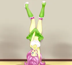 Size: 2556x2313 | Tagged: artist needed, suggestive, alternate version, artist:xtaroth, derpibooru import, fluttershy, equestria girls, belly button, blushing, boots, breasts, busty fluttershy, clothes, covering, embarrassed, eyeshadow, handstand, high res, image, jpeg, makeup, midriff, shoes, simple background, skirt, upside down, upskirt denied, wardrobe malfunction