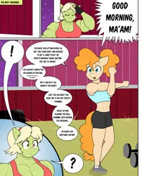 Size: 2096x2599 | Tagged: safe, artist:matchstickman, derpibooru import, granny smith, pear butter, anthro, pony, comic:the other side, barn, clothes, comic, dumbbell (object), female, image, mare, muscles, png, teenager, weights, young granny smith, younger