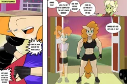 Size: 3931x2599 | Tagged: safe, artist:matchstickman, derpibooru import, granny smith, pear butter, anthro, pony, comic:the other side, abs, barn, clothes, comic, dumbbell (object), female, image, mare, muscles, png, sunrise, teenager, weights, workout, young granny smith, younger