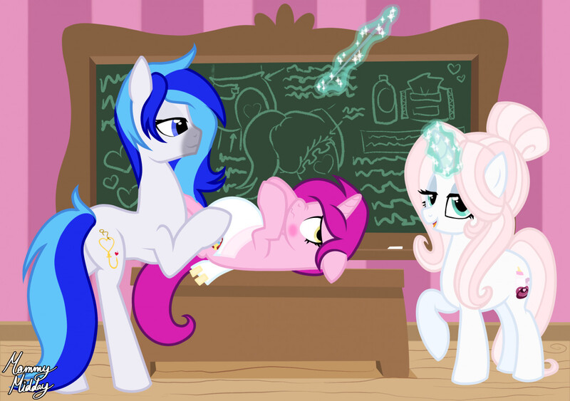 Size: 1280x900 | Tagged: questionable, artist:mommymidday, derpibooru import, oc, oc:hooklined, oc:mantra, oc:mommy midday, unofficial characters only, earth pony, pony, unicorn, abdl, adult foal, alternate color palette, blushing, chalk, chalkboard, class, classroom, commission, desk, diaper, diaper change, diaper fetish, embarrassed, female, females only, fetish, humiliation, image, jpeg, magic, magic aura, non-baby in diaper, open diaper, pointer, show accurate, show accurate porn, signature, teacher, telekinesis