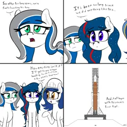 Size: 4037x4037 | Tagged: safe, artist:seafooddinner, derpibooru import, oc, oc:boeingpone, oc:nasapone, oc:ulapone, unofficial characters only, earth pony, pony, 4 panel comic, clothes, comic, dialogue, female, glasses, hard hat, hat, image, mare, png, rocket, simple background, sls