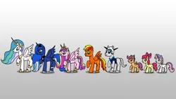 Size: 1920x1080 | Tagged: safe, artist:platinumdrop, derpibooru import, apple bloom, princess celestia, princess luna, scootaloo, sweetie belle, oc, oc:asteroid angus, oc:tarka dal, cutie mark crusaders, dancing, gradient background, image, png, request, simple background