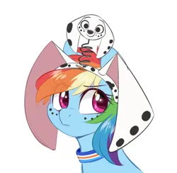 Size: 670x653 | Tagged: safe, artist:higgly-chan, derpibooru import, rainbow dash, pegasus, pony, 101 dalmatian street, 101 dalmatians, bust, clothes, collar, cosplay, costume, cute, dog ears, dolly (101 dalmatian street), image, png, portrait, simple background, solo, white background