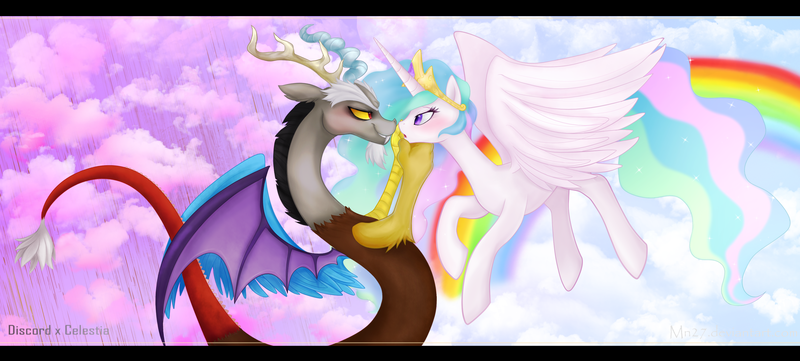 Size: 3369x1522 | Tagged: safe, artist:mn27, derpibooru import, discord, princess celestia, alicorn, draconequus, pony, chocolate, chocolate rain, dislestia, female, food, image, male, png, profile, rain, rainbow, shipping, straight