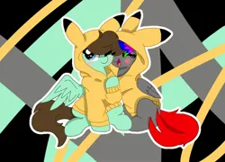Size: 2048x1476 | Tagged: safe, derpibooru import, oc, oc:mint sky, oc:star carmel, unofficial characters only, pegasus, pikachu, pony, blue eyes, blushing, brown hair, brown tail, clothes, duo, eyes closed, female, happy, hoodie, hooves, image, jpeg, love, male, mare, pegasus oc, pokémon, red tail, sitting, stallion, tail, wings