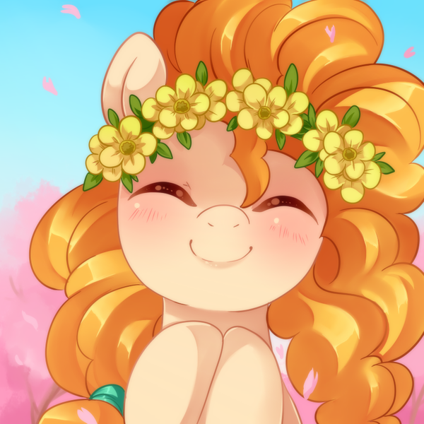 Size: 800x800 | Tagged: safe, artist:loyaldis, derpibooru import, pear butter, earth pony, pony, blushing, cute, eyes closed, female, floral head wreath, flower, image, mare, pearabetes, png, smiling, solo