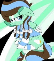 Size: 568x650 | Tagged: safe, derpibooru import, oc, oc:mint sky, unofficial characters only, pegasus, bow, clothes, grimace, hair bow, hoodie, hooves, image, jpeg, nervous, one ear down, pegasus oc, sitting, socks, wings