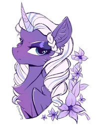 Size: 1810x2300 | Tagged: safe, artist:disarrayedfay, derpibooru import, opaline, pony, my little pony: make your mark, spoiler:g5, spoiler:my little pony: make your mark, autograph, eye clipping through hair, eyebrows, eyeshadow, floppy ears, flower, folded wings, g5, image, jpeg, looking at you, makeup, purple eyeshadow, simple background, white background, wings