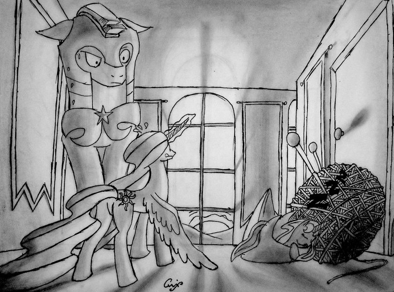 Size: 2933x2177 | Tagged: safe, artist:qwixlochflow, derpibooru import, princess celestia, princess luna, alicorn, pony, butt, glow, glowing horn, grayscale, horn, image, jpeg, knitting needles, micro, monochrome, onomatopoeia, plot, royal guard, shrunklestia, sound effects, sunbutt, trio, yarn, yarn ball, zzz