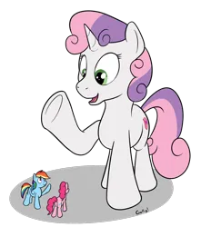 Size: 1032x1169 | Tagged: safe, artist:rapidstrike, derpibooru import, pinkie pie, rainbow dash, sweetie belle, earth pony, pegasus, pony, unicorn, giant pony, image, looking at each other, macro, micro, png, requested art, shrunk, simple background, size difference, transparent background, underhoof, waving