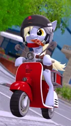 Size: 2160x3840 | Tagged: safe, artist:owlpirate, derpibooru import, derpy hooves, pegasus, pony, 3d, 4k, cute, delivery pony, derpabetes, driving, female, food, grin, helmet, high res, image, mare, moped, mouth hold, pizza, png, smiling, solo, source filmmaker, tail, vehicle, windswept tail