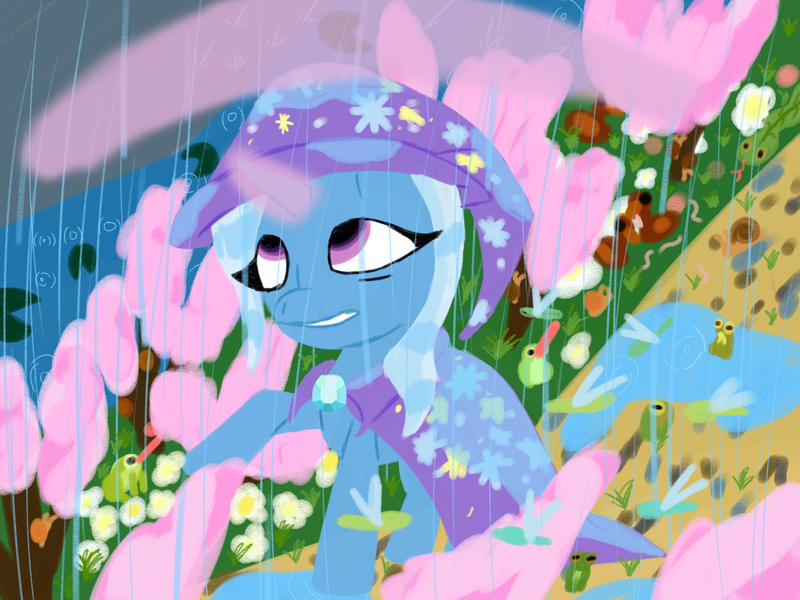 Size: 2048x1536 | Tagged: safe, artist:the crystal artist, derpibooru import, trixie, dragonfly, frog, insect, pony, unicorn, cape, cherry blossoms, clothes, derpibooru exclusive, female, flower, flower blossom, glow, glowing horn, hat, horn, image, mare, png, puddle, rain, trixie's cape, trixie's hat, water, wet, wet mane