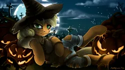 Size: 3000x1686 | Tagged: suggestive, alternate version, artist:arctic-fox, derpibooru import, applejack, breasts, cemetery, cleavage, clothes, cloud, crotch cleavage, crotchboobs, female, freckles, full moon, gravestone, graveyard, halloween, hat, haystick, holiday, image, jack-o-lantern, jpeg, looking at you, moon, night, night sky, nudity, partial nudity, pumpkin, scarecrow, sky, solo, solo female, stars, torn clothes