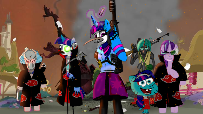 Size: 1000x561 | Tagged: safe, artist:samueldavillo, derpibooru import, cozy glow, queen chrysalis, starlight glimmer, twilight sparkle, anthro, human, original species, ak-47, akatsuki, assault rifle, bag, binoculars, crossover, grenade launcher, gumball watterson, gun, humanized, image, laser, looking at you, mordecai, naruto, png, ponyville, predator (franchise), regular show, rifle, scouter, spongebob squarepants, spongebob squarepants (character), tavor (gun), the amazing world of gumball, weapon, zero two (darling in the franxx)