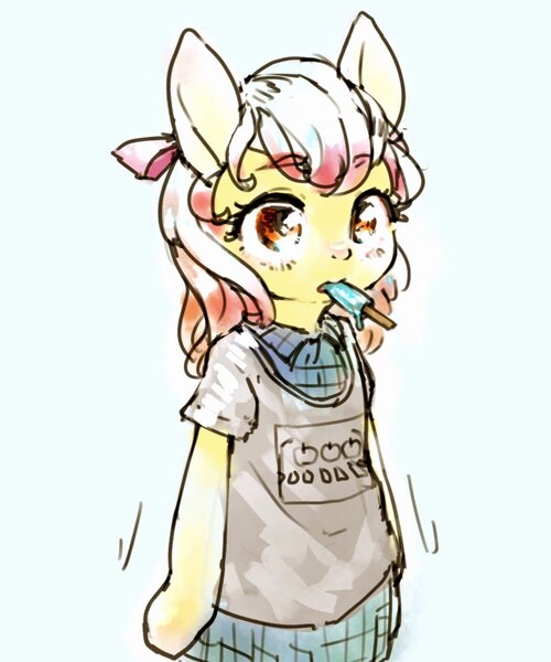 Size: 999x1200 | Tagged: safe, artist:tongue_reckless, derpibooru import, apple bloom, earth pony, pony, semi-anthro, clothes, female, filly, foal, food, ice cream, image, jpeg, shirt, simple background, solo, t-shirt, white background