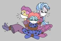 Size: 2172x1455 | Tagged: safe, artist:bugssonicx, derpibooru import, ocellus, silverstream, smolder, equestria girls, bondage, bound and gagged, bound together, cloth gag, crying, equestria girls-ified, female, gag, help us, image, png, rope, rope bondage, struggling, tied up, trio, trio female