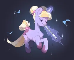 Size: 2000x1623 | Tagged: safe, artist:ziliya, derpibooru import, oc, unofficial characters only, butterfly, insect, pony, unicorn, flute, image, jpeg, magic, musical instrument, recorder, solo, tail, tail wrap, telekinesis