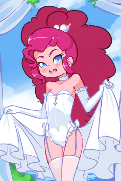Size: 1280x1920 | Tagged: suggestive, artist:drantyno, banned from derpibooru, derpibooru import, pinkie pie, equestria girls, bare shoulders, blushing, bridal lingerie, bride, child, choker, clothes, cloud, cute, diapinkes, dress, evening gloves, female, garter straps, gloves, image, legs together, lolicon, long gloves, looking at you, open mouth, open smile, png, reference used, sky, sleeveless, smiling, socks, solo, solo female, stockings, strapless, teddy (clothing), thigh highs, underage, wedding dress, young, younger